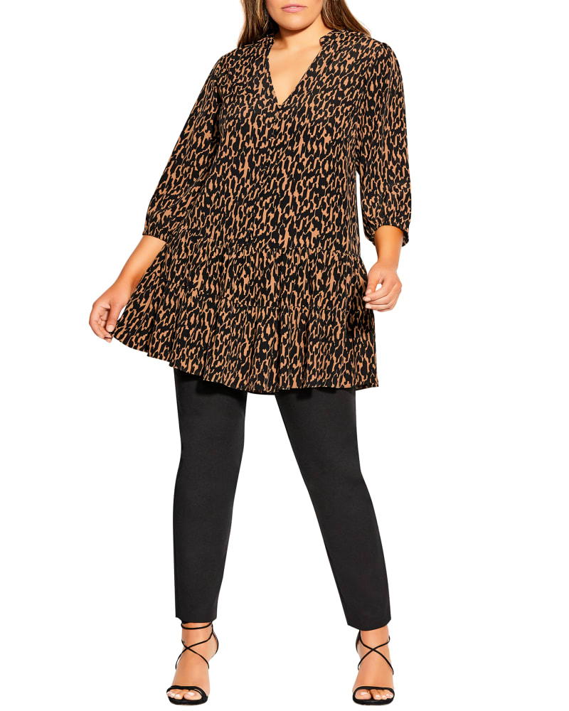 Front of a model wearing a size XS Khloe Geo Animal Tunic in Black / Brown by City Chic. | dia_product_style_image_id:233633